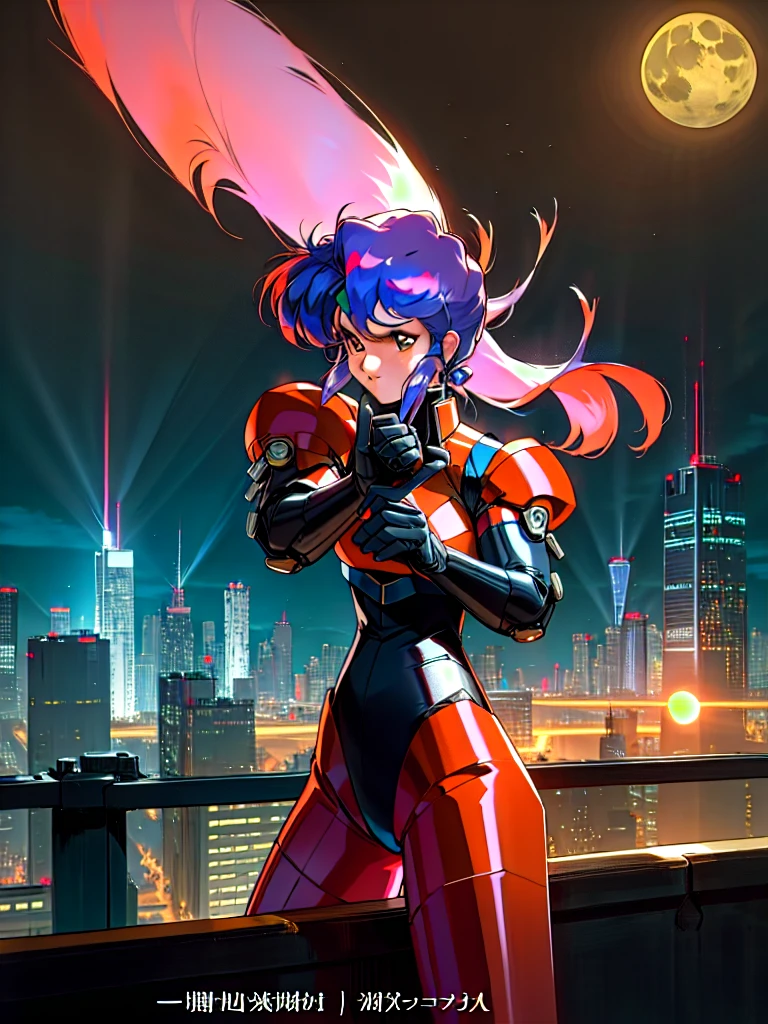 Kenichi Sonoda, retro art-style, bubblegum crisis, Sci-fi, Cyberpunk, Neon, Dystopia, (On a full moon night, on the rooftop of a high-rise building, a figure is seen wearing a metal hard suit that covers the whole body from head to toe. It is made up of curved surfaces that give it a feminine bodyline.), 1girl, solo, 18yo, Cool beauty, Unparalleled beauty, fearless look, smile, fighting stance, (attack, punching at viewer), close-up photography of upper body, Depth of field, character focus, (masterpiece, anime cg, official art, work of art, Award-winning work, extreme quality, ultra high definition, all intricate, overall detailed, finely detailed, super detailed, very aesthetic, boast pompously, focus on entire screen, asymmetrical, raytraced, caustics, textile shading, incredibly absurd resolution, absolutely resolution, ultra high resolution, professional, vivid colors, perfect anatomy, ideal facial features, beautiful detailed face, ideally proportioned figure, perfectly beautiful body),
