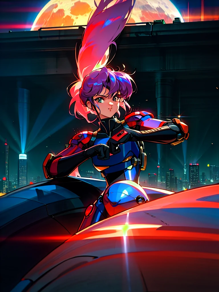 Kenichi Sonoda, retro art-style, bubblegum crisis, Sci-fi, Cyberpunk, Neon, Dystopia, (On a full moon night, on the rooftop of a high-rise building, a figure is seen wearing a metal hard suit that covers the whole body from head to toe. It is made up of curved surfaces that give it a feminine bodyline.), 1girl, solo, 18yo, Cool beauty, Unparalleled beauty, fearless look, smile, fighting stance, (attack, punching at viewer), close-up photography of upper body, Depth of field, character focus, (masterpiece, anime cg, official art, work of art, Award-winning work, extreme quality, ultra high definition, all intricate, overall detailed, finely detailed, super detailed, very aesthetic, boast pompously, focus on entire screen, asymmetrical, raytraced, caustics, textile shading, incredibly absurd resolution, absolutely resolution, ultra high resolution, professional, vivid colors, perfect anatomy, ideal facial features, beautiful detailed face, ideally proportioned figure, perfectly beautiful body),