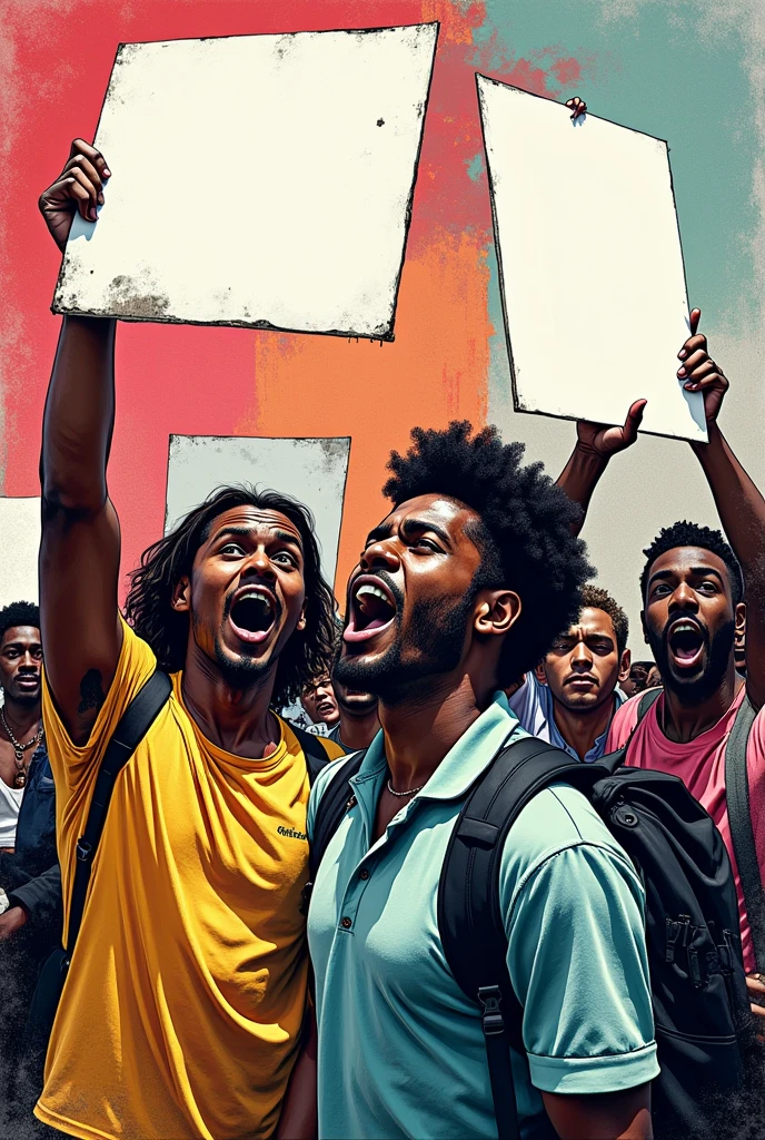 A striking, hyper-realistic pop art illustration in monochrome, with bursts of vivid color, features a diverse group of LGBTQ+ individuals from various ethnic backgrounds passionately protesting for equal human rights and diversity. The bold, angular shapes and strong, expressive lines of the characters embody love and unity, while the blank banners represent the need for individual expression and creativity. The artwork is adorned with graffiti and conceptual elements, adding depth and texture, and creating an evocative reminder of the ongoing struggle for freedom, equality, and self-expression. This powerful and thought-provoking poster serves as a visual testament to the resilience and determination of those advocating for change., illustration, graffiti, poster, conceptual art