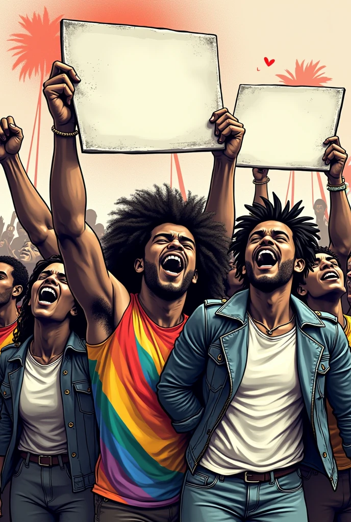 A striking, hyper-realistic pop art illustration in monochrome, with bursts of vivid color, features a diverse group of LGBTQ+ individuals from various ethnic backgrounds passionately protesting for equal human rights and diversity. The bold, angular shapes and strong, expressive lines of the characters embody love and unity, while the blank banners represent the need for individual expression and creativity. The artwork is adorned with graffiti and conceptual elements, adding depth and texture, and creating an evocative reminder of the ongoing struggle for freedom, equality, and self-expression. This powerful and thought-provoking poster serves as a visual testament to the resilience and determination of those advocating for change., illustration, graffiti, poster, conceptual art