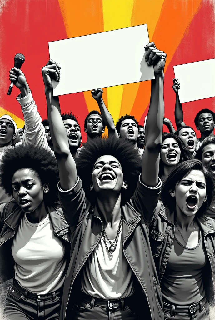 A striking, hyper-realistic pop art illustration in monochrome, with bursts of vivid color, features a diverse group of LGBTQ+ individuals from various ethnic backgrounds passionately protesting for equal human rights and diversity. The bold, angular shapes and strong, expressive lines of the characters embody love and unity, while the blank banners represent the need for individual expression and creativity. The artwork is adorned with graffiti and conceptual elements, adding depth and texture, and creating an evocative reminder of the ongoing struggle for freedom, equality, and self-expression. This powerful and thought-provoking poster serves as a visual testament to the resilience and determination of those advocating for change., illustration, graffiti, poster, conceptual art