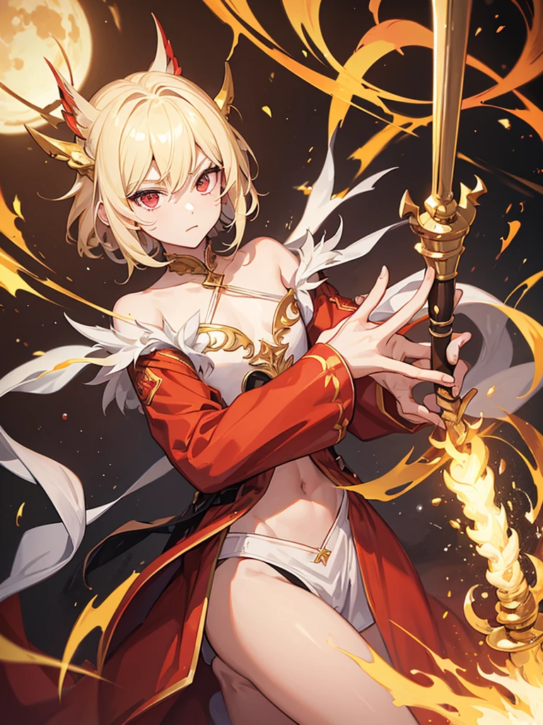 A young blond boy, 's appearance, with vibrant red eyes, he's low, a neutral expression, half bored and innocent eyes, wearing exotic clothes, having a gaucho style, kind of anime, being clothes a little bigger for his size. He also has a type of weapon that resembles a barbecue skewer., but you can be creative with this weapon, he also has firepower