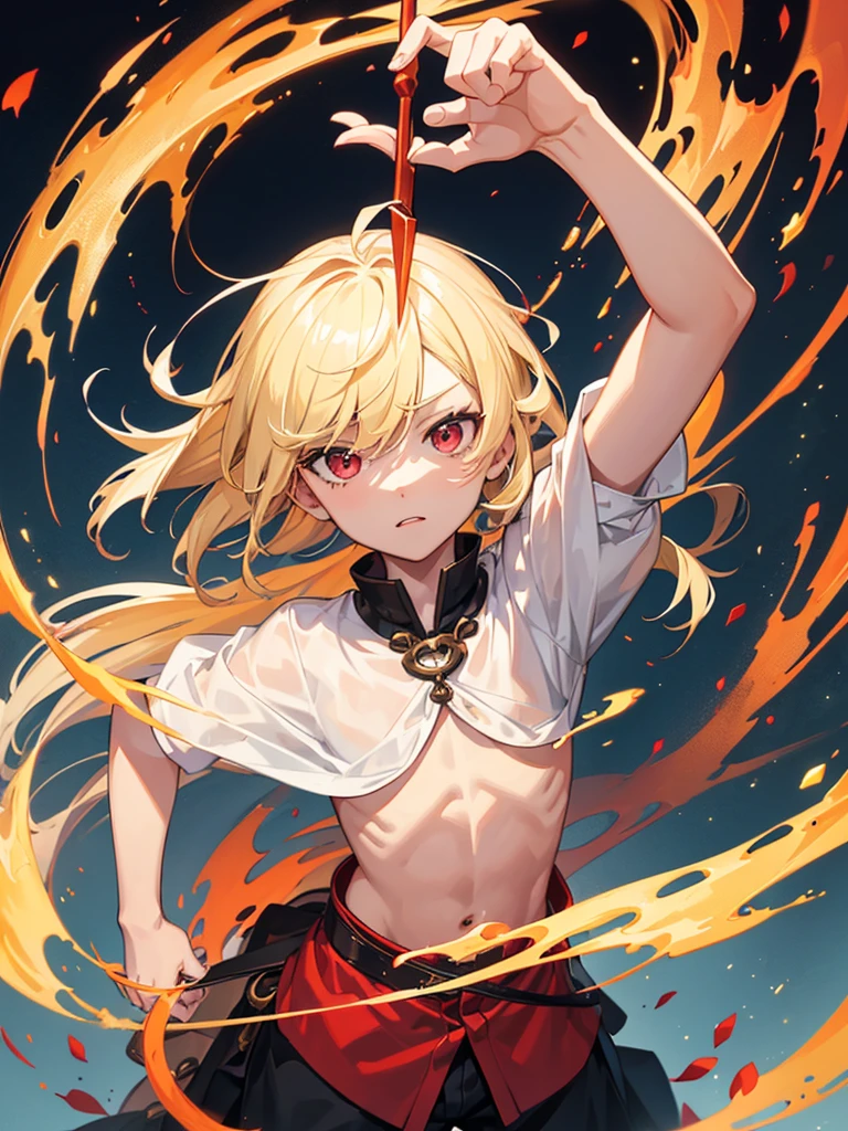 A young blond boy, child's appearance, with vibrant red eyes, he's low, a neutral expression, half bored and innocent eyes, wearing exotic clothes, having a gaucho style, kind of anime, being clothes a little bigger for his size. He also has a type of weapon that resembles a barbecue skewer., but you can be creative with this weapon, he also has firepower
