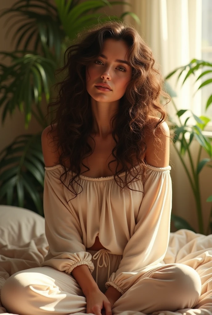 (photorealism:1.2), beautiful woman, sitting on bed, wearing loose off-shoulder top, pajama pants, long curly hair, indoors, soft lighting, plants in background, window with sunlight, cozy room, relaxed pose, realistic, intricate details, warm colors, by Greg Rutkowski, by Alphonse Mucha