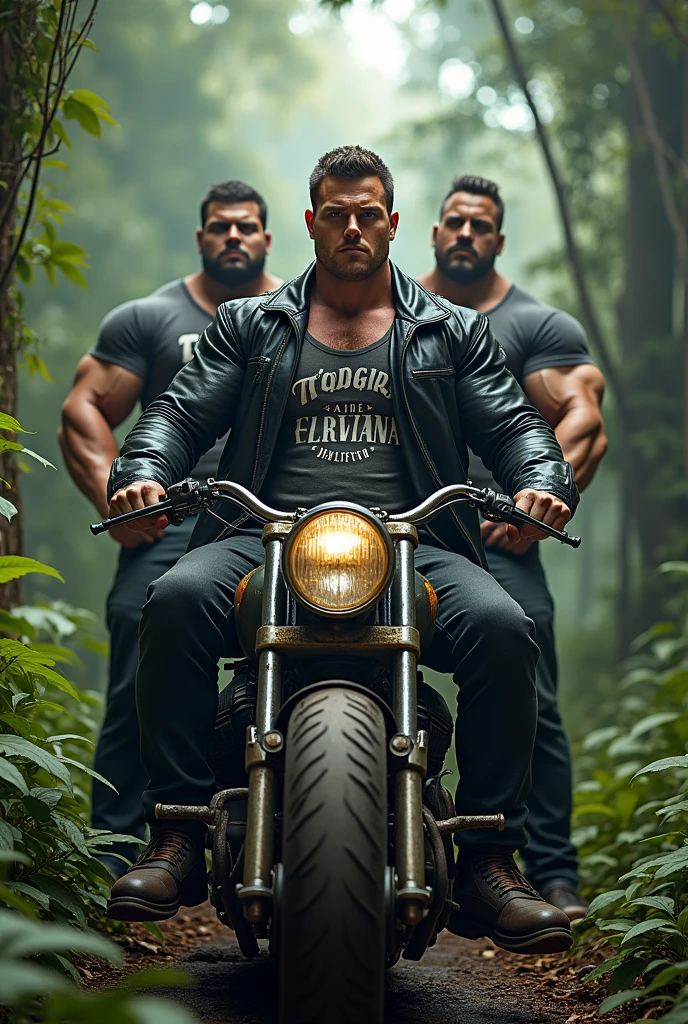 Big giant body builder men wearing black leather jacket on unbuttoned grey shirt with alphabet prints on heavy motor bike in jungle