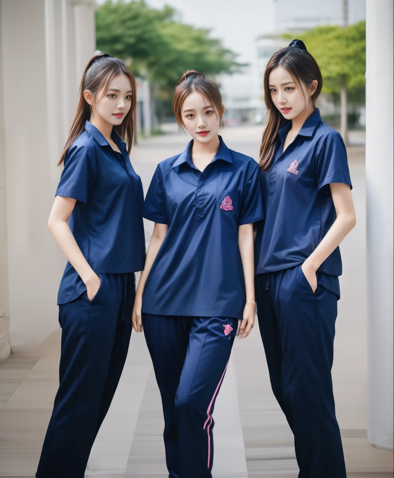 3 girls in fitness center, Navy blue short-sleeved shirt,Navy Long Trackpant,Sweatpants, Sweatpantsขายาว,25 year old girl, lesbian, sexy, exercise clothes, wet body, exercise clothes