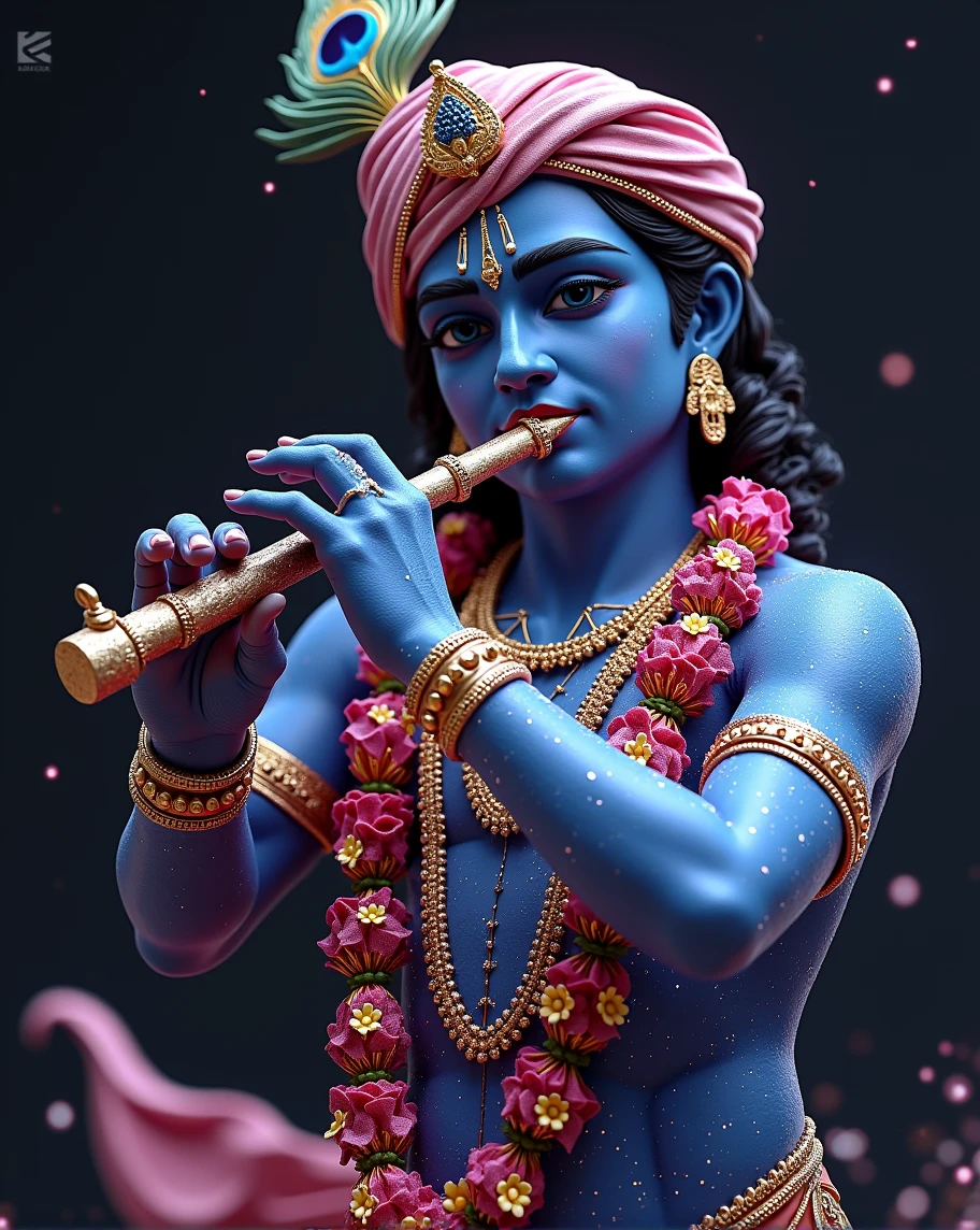 Lord Krishna, depicted in a hyper-realistic and highly detailed form, playing his divine flute. His entire body is adorned with radiant crystals that shine with a divine, ethereal glow. His skin, a deep and mesmerizing shade of blue, sparkles with intricate, jewel-like patterns. He wears a traditional turban with a peacock feather delicately placed at the top. His attire is richly decorated with ornate jewelry, including gold and bejeweled necklaces, bracelets, and anklets, all adding to his majestic appearance. The scene is bathed in a soft, mystical light, highlighting every detail of his divine form, creating an aura of spiritual serenity and divine energy. The background is kept minimalistic to focus on the divine figure, with subtle hints of a cosmic backdrop to emphasize his celestial nature. The overall composition should exude a sense of divinity, tranquility, and spiritual grace, with each crystal on his body shimmering as if blessed by the divine energy.