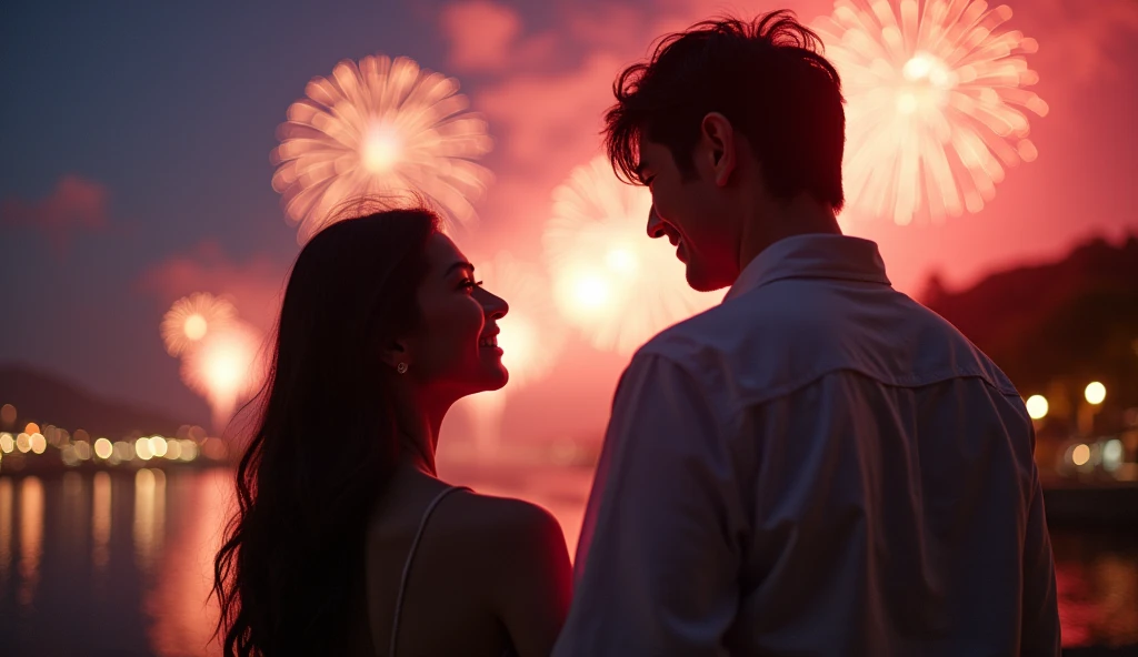 (best quality, masterpiece, ultra detailed, ultra high res, photorealistic, raw photo, absurdres, absolutely resolution), A Japanese man and a woman are smiling as they watch fireworks