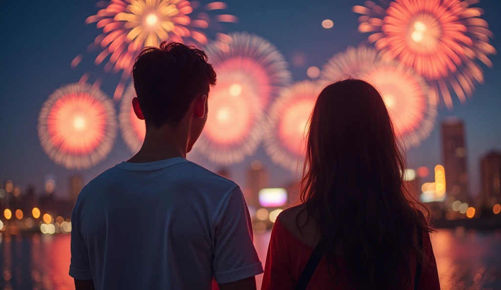 (best quality, masterpiece, ultra detailed, ultra high res, photorealistic, raw photo, absurdres, absolutely resolution), A Japanese man and a woman are smiling as they watch fireworks