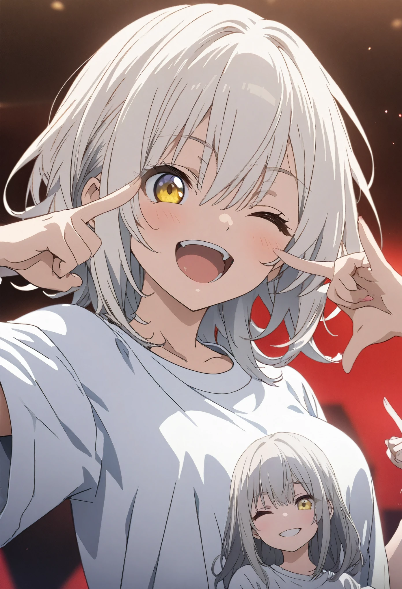 Two Girls, twins, masterpiece, Highest quality, Highly detailed CG Unity 8k wallpaper, High School Girl Anime Illustration. Wear an oversized t-shirt and oversized pants、Make a finger gun gesture to the audience, she has her eyes closed and mouth open, smile. The background is a simple single color, white hair color, Yellow Eyes, close up of face