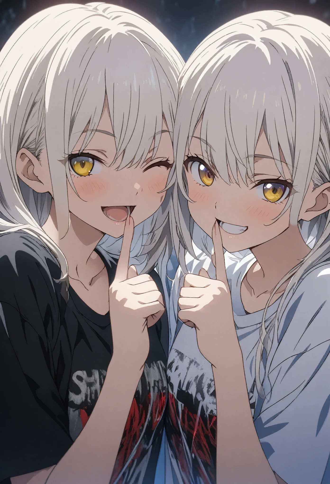 Two Girls, twins, masterpiece, Highest quality, Highly detailed CG Unity 8k wallpaper, High School Girl Anime Illustration. Wear an oversized t-shirt and oversized pants、Make a finger gun gesture to the audience, she has her eyes closed and mouth open, smile. The background is a simple single color, white hair color, Yellow Eyes, close up of face