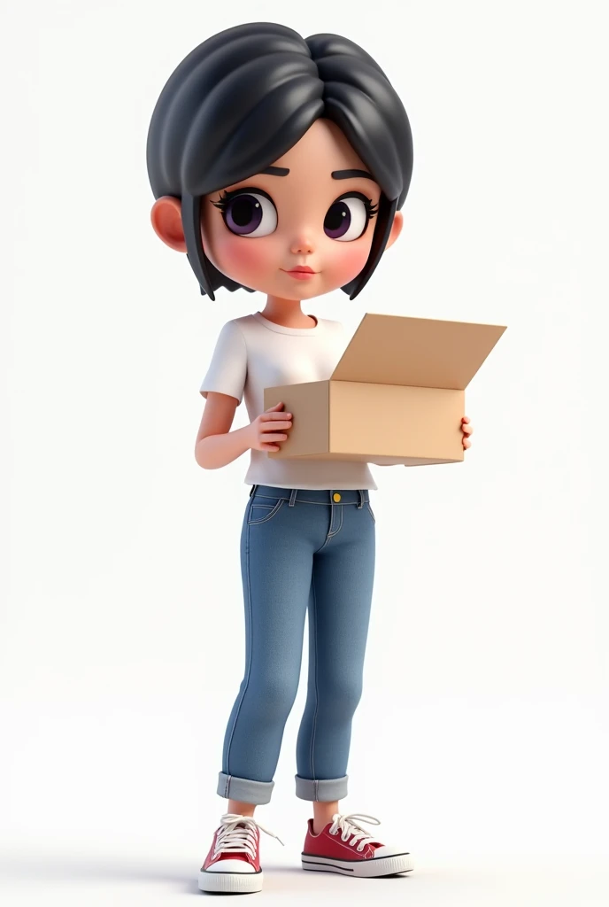 3d cartoon, woman, very short hair, straight black hair, black eyes, wearing a white t-shirt without a print, jeans and all star sneakers. Looking at the camera, holding an open box in his hands and showing it to the audience. Transparent image background