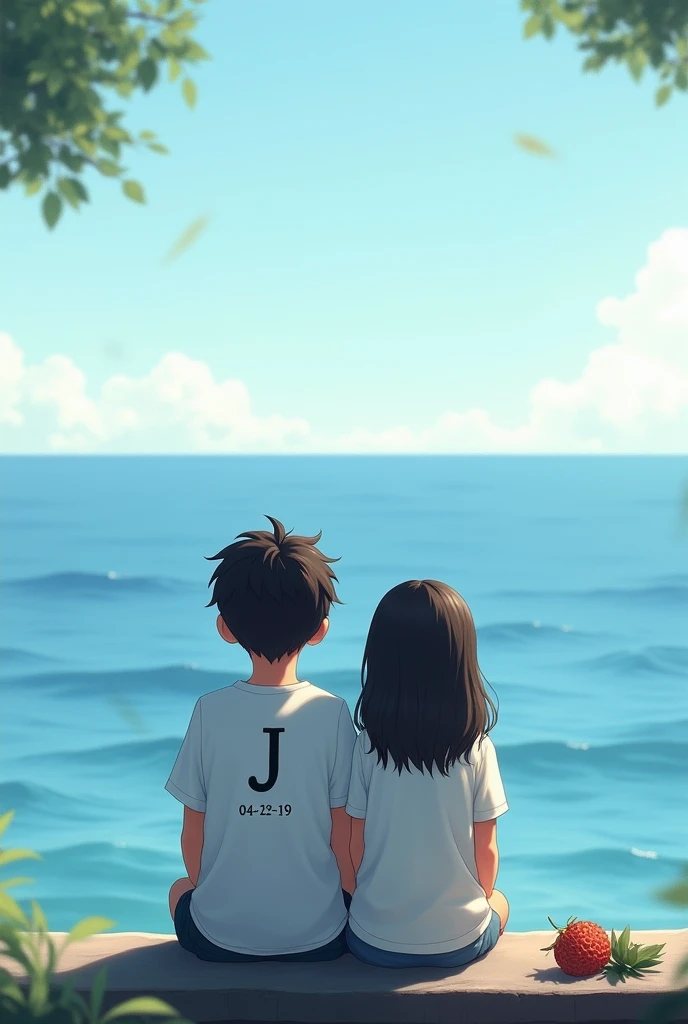 A boy and a girl sitting on a bench looking at the sea in the front and in the background with white t-shirts and with the backs on their t-shirts and the boy with a letter (It is)on his shirt he/she with a letter (J) and below the numbers 04-12-19