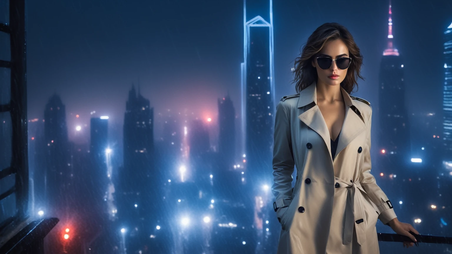 (Hyper-realistic photograph:1.4), Captivating scene under the rain at night on a rooftop, a sexy slim woman, large breast cleavage, with short brown hair, three-quarters view, Black trench coat, (black sunglasses, holding a short gun), with a dark rainy city landscape in background, blue eyes, photography style, (half-body shot:1.3), (contemplative expression:1.2),(well-lit:1.2) Extremely Realistic, serendipity art, (sharp focus:1.3), intricate details, highly detailed, by God himself, original shot, masterpiece, detailed and intricate, Movie Still, guttojugg1