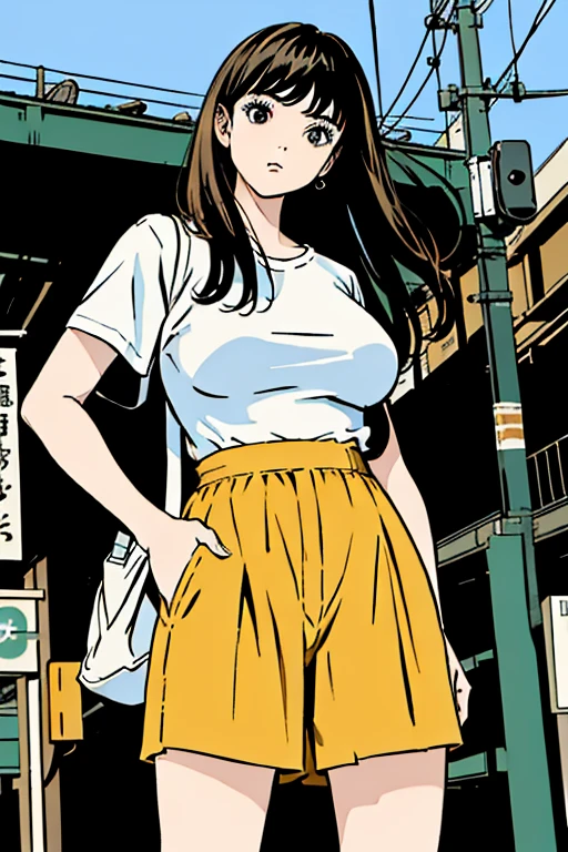 masterpiece、high quality,One girl,alone,Intersection in front of the station, Baggy white T-shirt, Beige wide silhouette bottoms, Tuck the bottoms of your tops into your bottoms, Super huge breasts