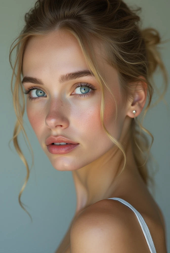 (photorealism:1.2), A young woman with blonde hair tied back with her face tied back. Her face is fair, slim and tall. She is looking straight ahead. She has a fair complexion with minimal makeup and pink lipstick. Her eyes are adorned with light eyeliner and nude shade eyeshadow. Her facial features are clear and attractive.