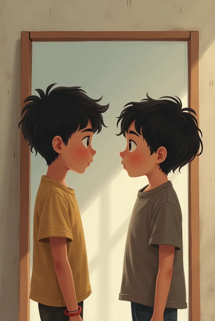 Two friends boys looking at a mirror without holding hands