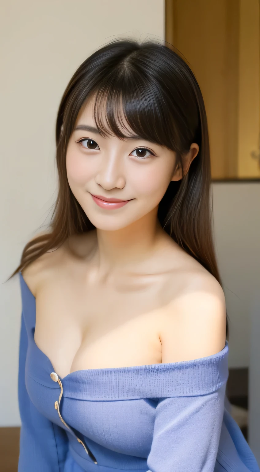 masterpiece,best quality,(Japanese girl),((Beautiful girl)),cleavage,(off shoulder:1.2),(perfect body beauty:1.2),(shy smile),from above
