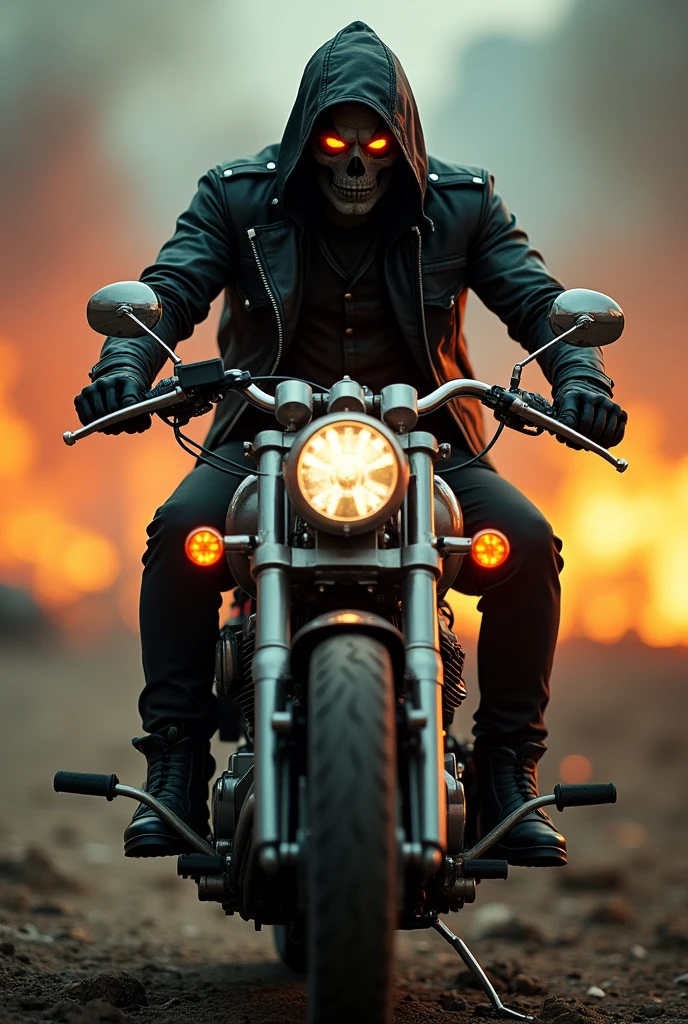 a ghost rider riding a motorcycle, leather jacket, detailed face, glowing eyes, hellfire, post-apocalyptic landscape, dramatic lighting, cinematic composition, muted color palette, gritty and atmospheric, hyper-detailed, 8k, photorealistic