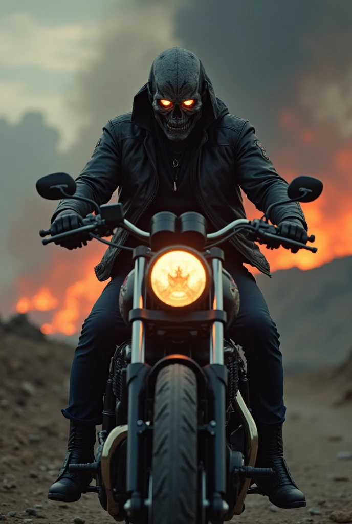 a ghost rider riding a motorcycle, leather jacket, detailed face, glowing eyes, hellfire, post-apocalyptic landscape, dramatic lighting, cinematic composition, muted color palette, gritty and atmospheric, hyper-detailed, 8k, photorealistic