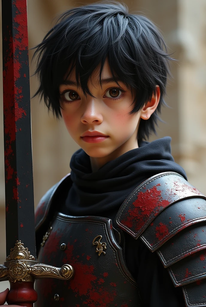 Olive skin, Short black hair, young man, brutal appearance, brown eyes, Antiquity, black blood red armor, black and blood red decorated sword, アニメ