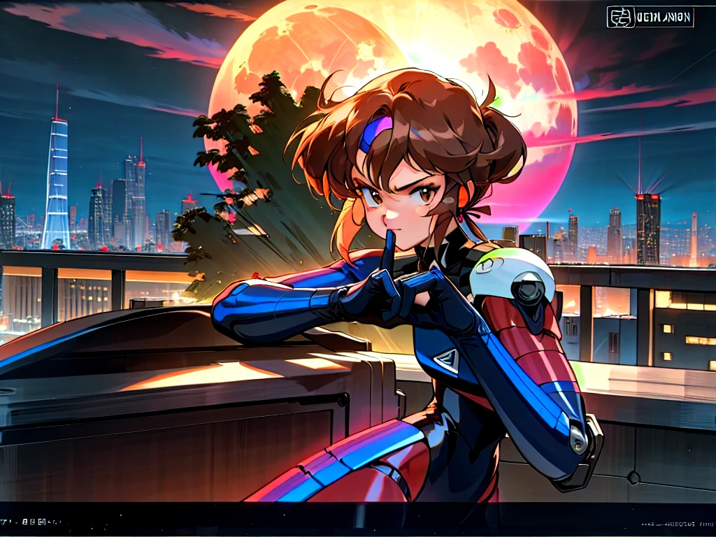 Kenichi Sonoda, retro art-style, bubblegum crisis, Sci-fi, Cyberpunk, Neon, Dystopia, (On a full moon night, on the rooftop of a high-rise building, a figure is seen wearing a metal hard suit that covers the whole body from head to toe. It is made up of curved surfaces that give it a feminine bodyline.), 1girl, solo, 18yo, Cool beauty, Unparalleled beauty, fearless look, smile, fighting stance, (attack, punching at viewer), close-up photography of upper body, Depth of field, character focus, (masterpiece, anime cg, official art, work of art, Award-winning work, extreme quality, ultra high definition, all intricate, overall detailed, finely detailed, super detailed, very aesthetic, boast pompously, focus on entire screen, asymmetrical, raytraced, caustics, textile shading, incredibly absurd resolution, absolutely resolution, ultra high resolution, professional, vivid colors, perfect anatomy, ideal facial features, beautiful detailed face, ideally proportioned figure, perfectly beautiful body),