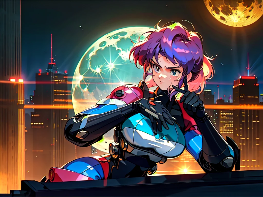 Kenichi Sonoda, retro art-style, bubblegum crisis, Sci-fi, Cyberpunk, Neon, Dystopia, (On a full moon night, on the rooftop of a high-rise building, a figure is seen wearing a metal hard suit that covers the whole body from head to toe. It is made up of curved surfaces that give it a feminine bodyline.), 1girl, solo, 18yo, Cool beauty, Unparalleled beauty, fearless look, smile, fighting stance, (attack, punching at viewer), close-up photography of upper body, Depth of field, character focus, (masterpiece, anime cg, official art, work of art, Award-winning work, extreme quality, ultra high definition, all intricate, overall detailed, finely detailed, super detailed, very aesthetic, boast pompously, focus on entire screen, asymmetrical, raytraced, caustics, textile shading, incredibly absurd resolution, absolutely resolution, ultra high resolution, professional, vivid colors, perfect anatomy, ideal facial features, beautiful detailed face, ideally proportioned figure, perfectly beautiful body),