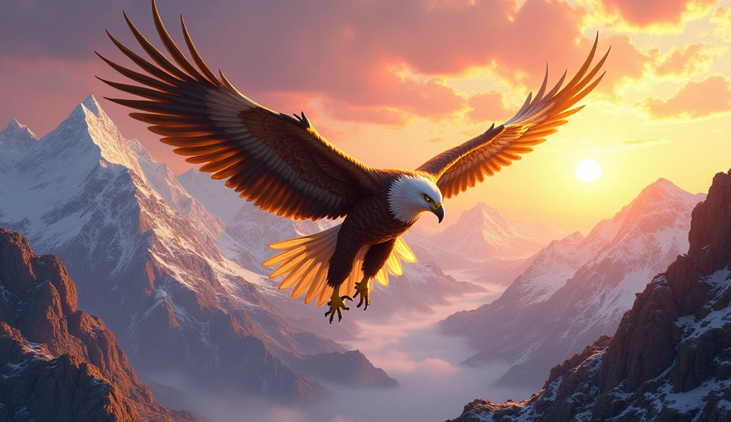 A golden eagle in majestic form glides through the high mountains at sunset