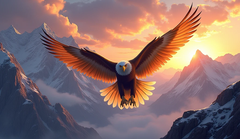 A golden eagle in majestic form glides through the high mountains at sunset 