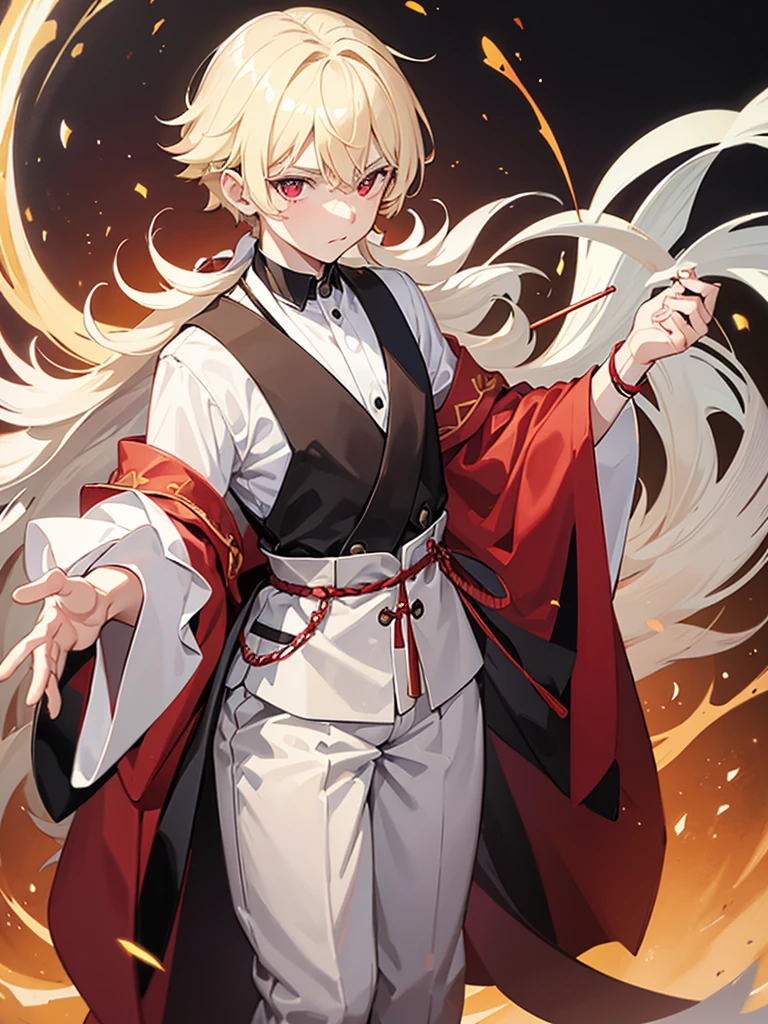 A young blond boy, 's appearance, with vibrant red eyes, he's low, a neutral expression, half bored and innocent eyes, wearing exotic clothes, having a gaucho style, kind of anime, being clothes a little bigger for his size. He also has a type of weapon that resembles a barbecue skewer., but you can be creative with this weapon, he also has firepower