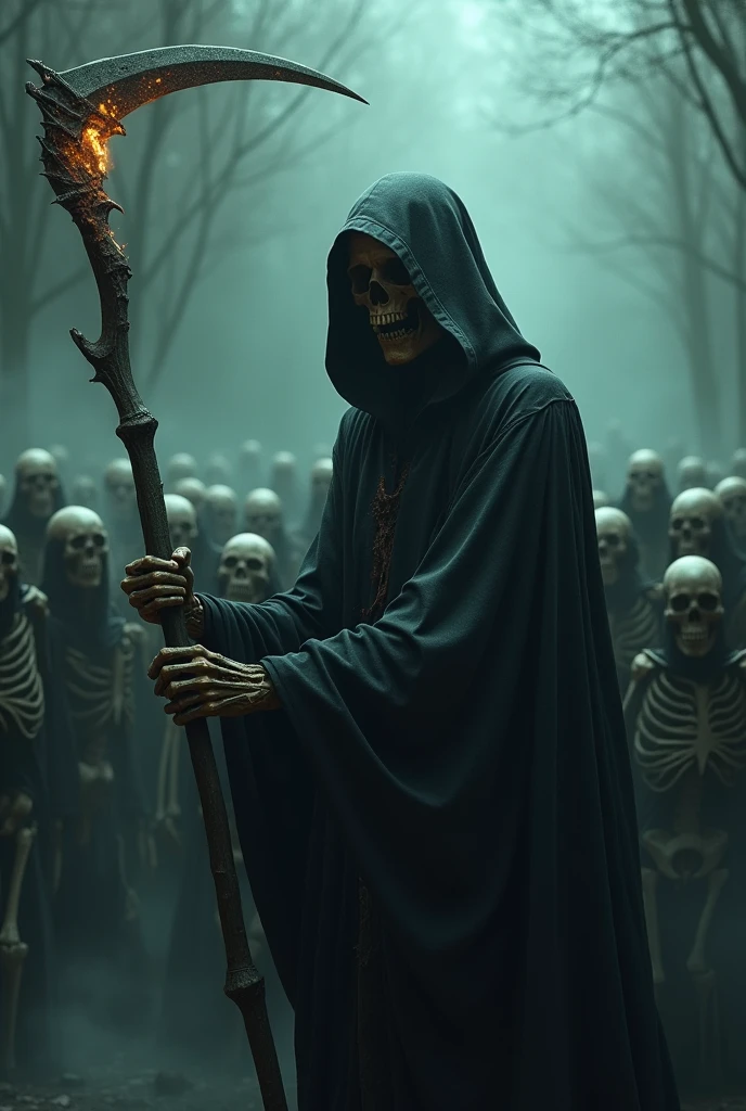 Grim Reaper with a dark aura, many skeletons in the background