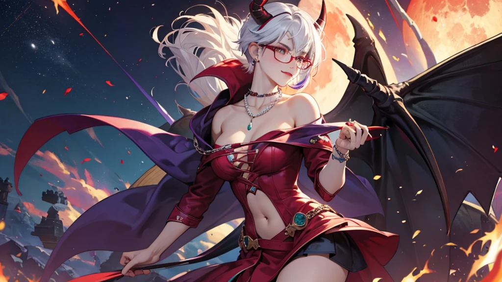 8k, masterpiece, best quality, highly detailed, 1 girl, tiefling, warlock, pixie cut, multicolored hair, very short straight hair red highlight hair on white hair, strippled hair, wearing glasses, round glasses, earrings, navel piercing, red eyeshadow, long eyelashes, blushed cheek, red lips, pearl necklace, rings, collarbone, mole on face, glamorous, teal and purple clothes, miniskirt, smirk, close up view, rings, looking at viewer, demon horns, solo, blood red moon, standing, royal dress, chains, firing fire blast