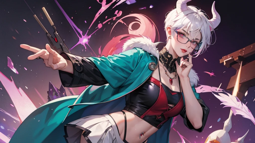 Adult girl, short white hair, purple eyes, smirk, magic tattoo, black shorts, black leather gloves, turquoise magic robe, open belly, open breasts, sleeves, small breasts, majic staff, Masterpiece, best quality, Full HD, 8k, ultra details, great graphic