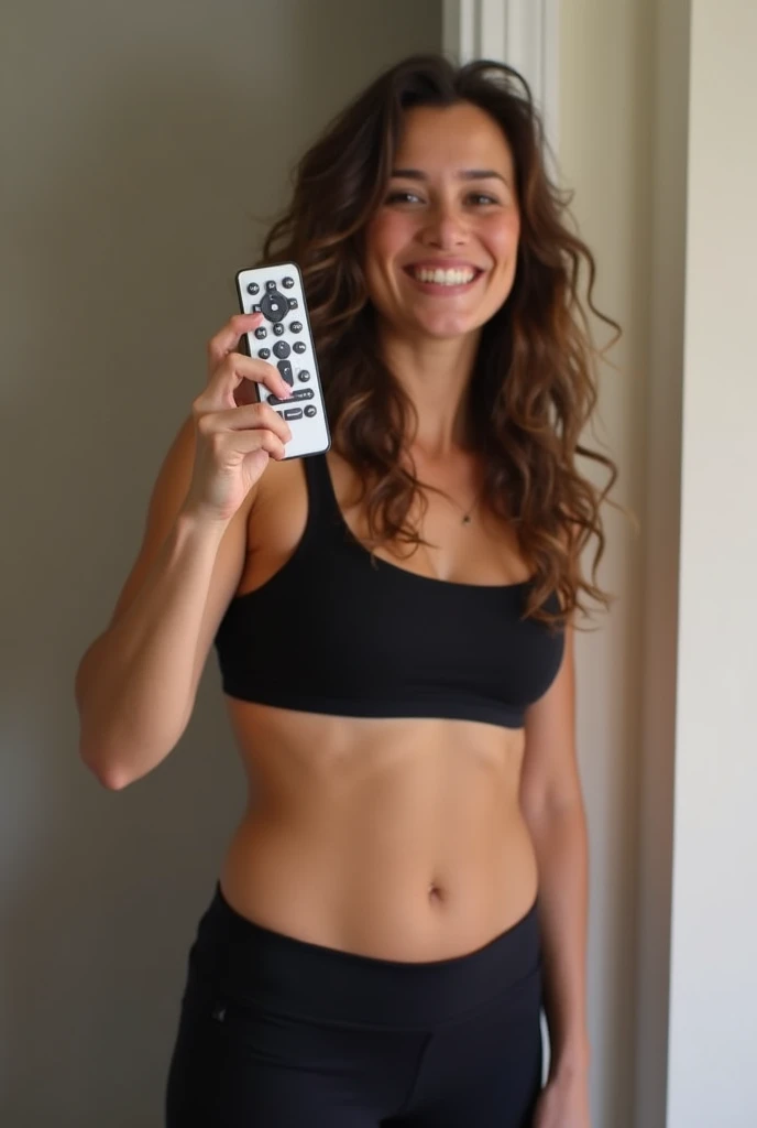 A 17 year old boy and his 35 year old step mom talk about the idea of switching bodies and are both excited to do it, the step mom has messy brown hair with a black sports bra and yoga pants on holding a swap remote. The step son looks like your average brown haired kid. Their excited to become each other for awhile.