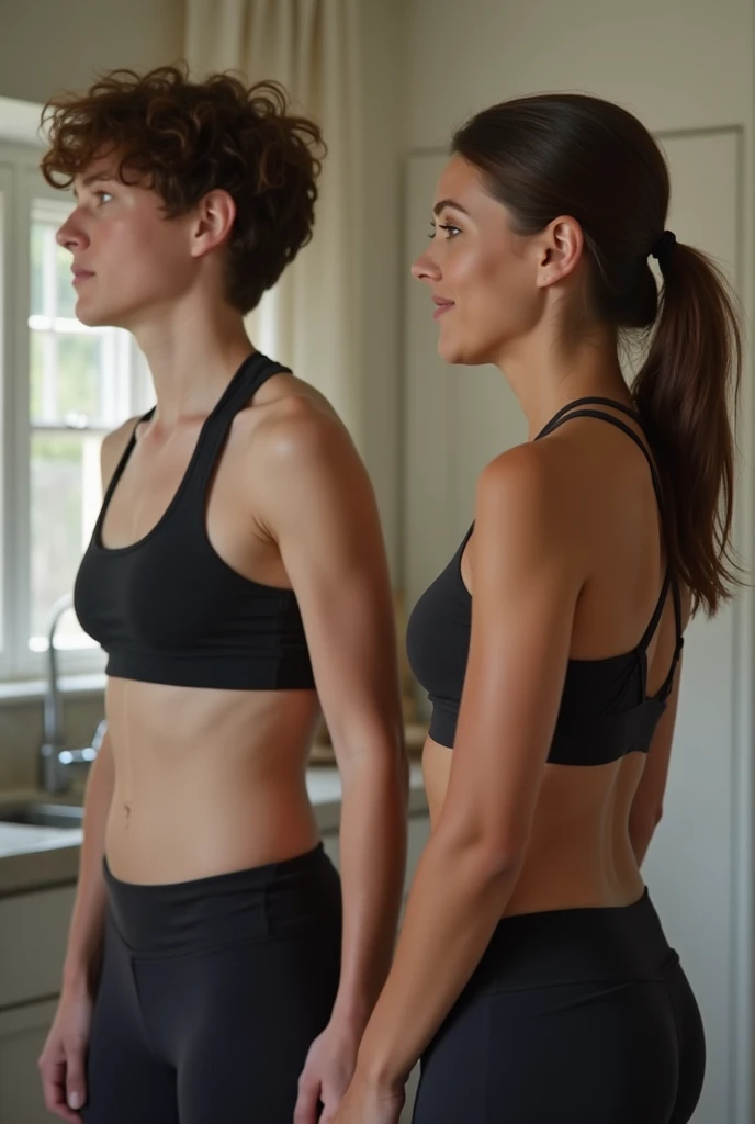 A 17 year old boy and his 35 year old step mom talk about the idea of switching bodies and are both excited to do it, the step mom has messy brown hair with a black sports bra and yoga pants on holding a swap remote. The step son looks like your average brown haired kid. Their excited to become each other for awhile.