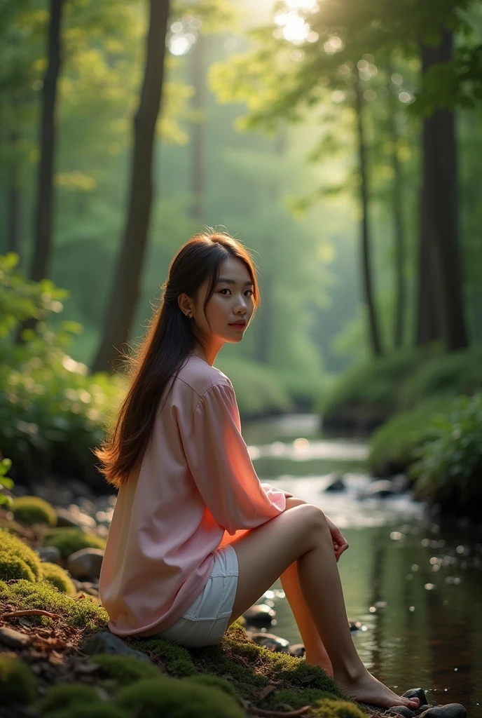 Create 64k photos of a tranquil forest scene at dusk. The forest is bathed in soft, gentle light. There are tall ancient trees. The leaves have a sparkling emerald green color. Low angle portrait. A young woman with a beautiful Thai-Chinese face. ((sexly)) White skin, long brown hair Slim, sexy figure, wearing a pastel pink shirt., white shorts, not wearing shoes She sat gracefully beside the stream. Behind the quiet forest backdrop at dusk The forest was bathed in soft, gentle light. There were tall ancient trees with shimmering leaves. The glitter is emerald green and gold. A stream meanders through forest mildly