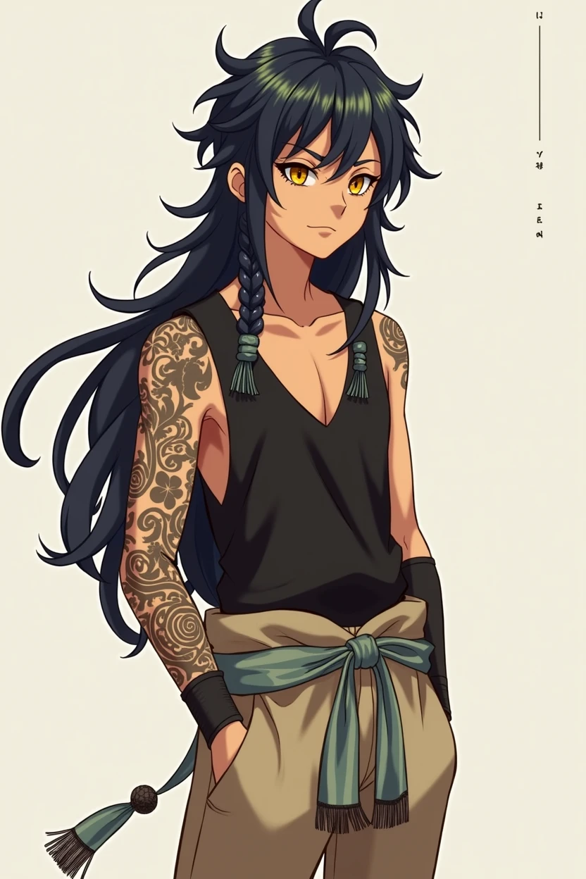 Yuuto Nánfēng is a young human male who stands at a height of 4'11. He is a young man of relatively short stature. Nonetheless, he possesses a lithe, well-built frame, which, while not overly muscular, has all the effortless grace and wiry strength of a powerful feline. Like most members of his clan, his gait is even, supple, and gliding, conveying an intimidating presence. However, he seems slightly more tense and uncontrolled than older, more experienced members, indicating his power is still unrefined or immature. His skin is blessed with a rich, bronze complexion akin to a radiant night sky. It showcases a subtle, soft glow in sunlight that accentuates his smooth features.
His eyes are breathtaking, with golden rays radiating outward from Yuuto's slit cat-like pupils, like sunlight piercing through dense clouds. Against a backdrop of deep gray Yet, there's an added warmth to them, a hint of softness that adds depth to his stern gaze. It's as if they're dual-natured, capable of the calm of a serene lake and the fury of a tumultuous storm.
Yuuto’s hair carries his parents’ unique traits, creating a captivating blend of their features. The color is a striking shade of deep indigo and vibrant deep purple that shines in the light. Yuuto’s hair is kept long, similar to his brother, whom he looks up to, though his cascades down further.
Two sections of hair are neatly braided along his back, and around each of his braids, he often winds a strip of finely woven fabric, passed down from his grandfather, to secure them. On the end of each braid is a set of tassels, typically made from soft, supple leather or silk. These meticulously styled braids add a touch of flair. The rest of his hair, unbound and free, softly frames his face, providing a wild contrast to the disciplined braids – a fitting mirror to his dual heritage.