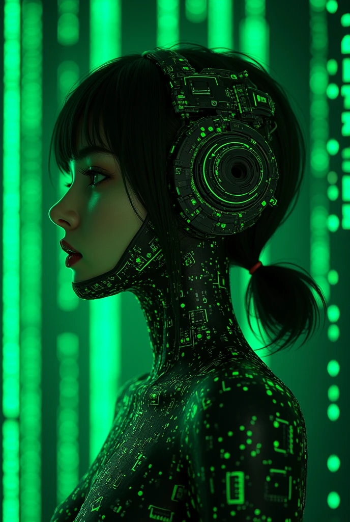Size 1242x2688 pixels，Cyberpunk，Original style，3d，，A girl&#39;s head in the style of future technology machinery，Behind it is the future technology network code input，The girl character is fluorescent green。Clothes with circuit board design。Dark Moody，Mandala composition andala，highly，Cinematic Lighting，close-up composition， Ultra high definition 4k8k webp ultra-rich details