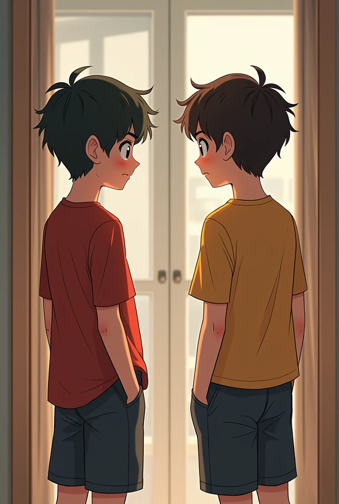 Two friends boys looking at a mirror without holding hands not looking at each other looking into the mirror 