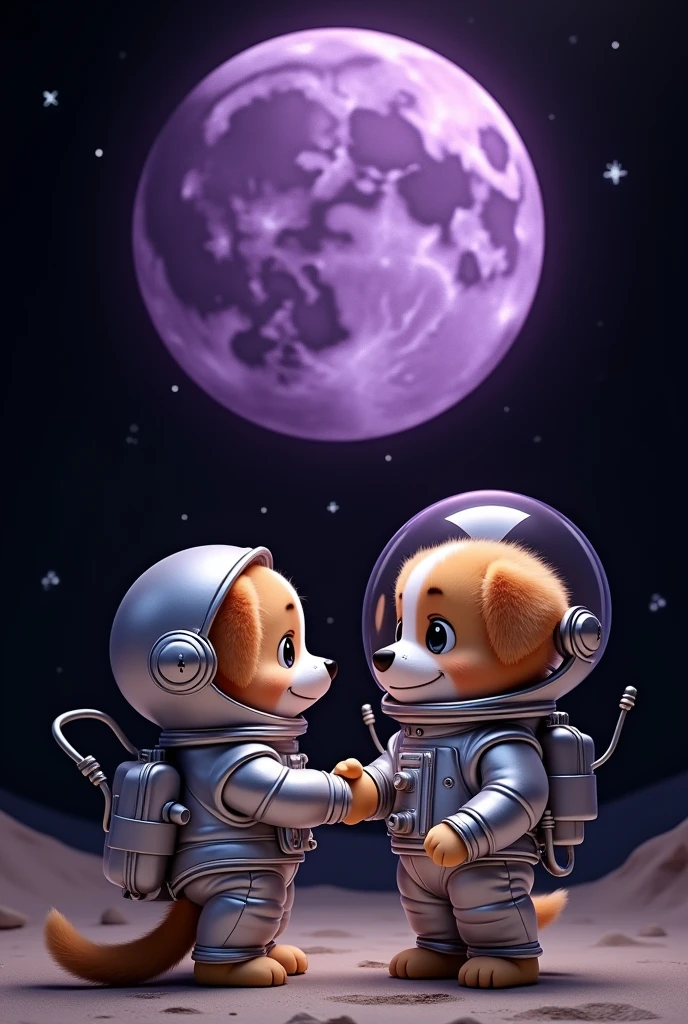 An adorable little dog wearing a shiny astronaut suit with a transparent helmet, who meets shakes hands with Elon Musk above a stylized purple moon. The moon has craters and textures, and the background is a deep black, creating a contrast that makes both the dog and the moon stand out. The dog has a cute, expressive face, with bright eyes visible through the helmet visor. The spacesuit has a metallic look with a connected pipe, and the image as a whole is designed in a whimsical, charming style.