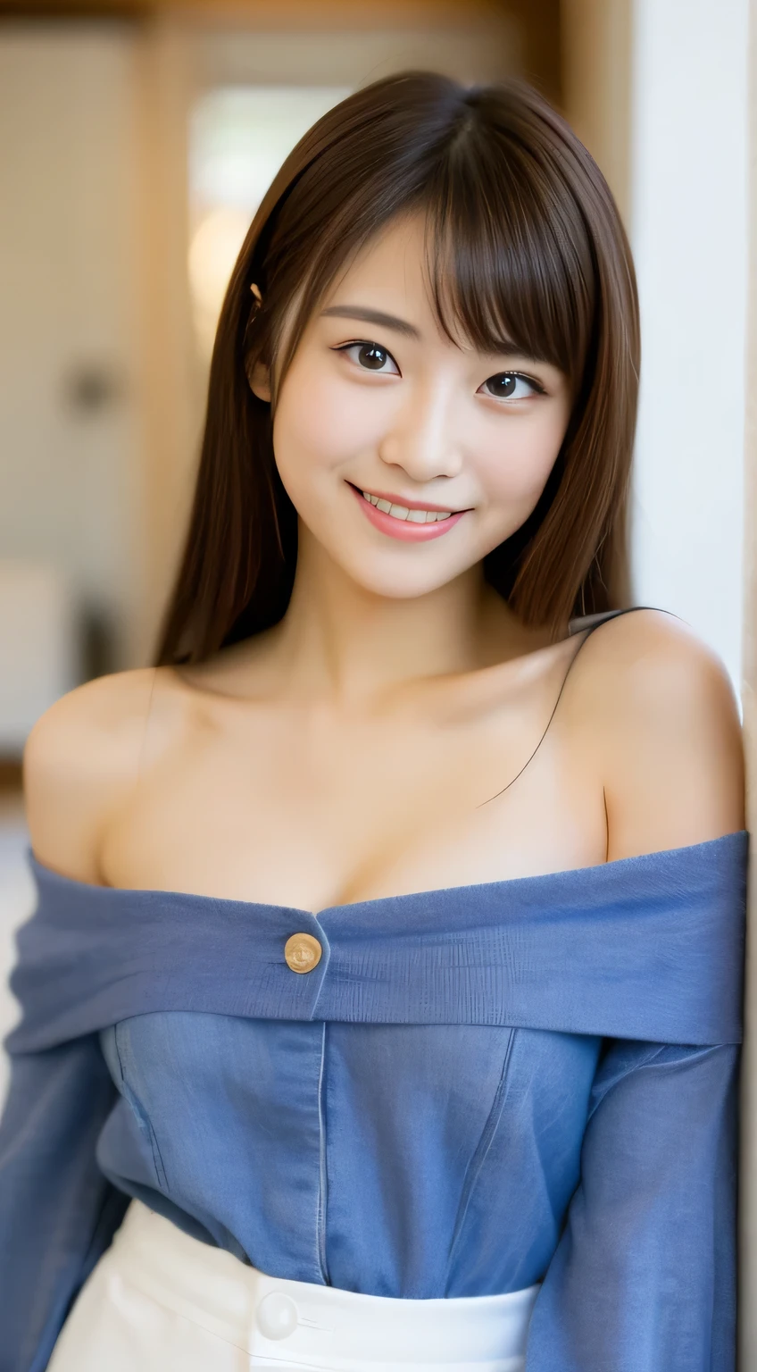 masterpiece,best quality,(Japanese girl),((Beautiful girl)),cleavage,(off shoulder:1.2),(perfect body beauty:1.2),(shy smile),from above