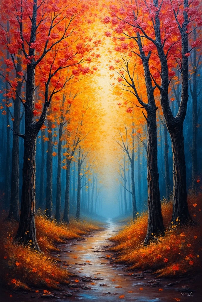 a thick textured oil painting, impasto brushstrokes, dry brushing, paletteknife oil painted harmonic colors, modern impasto style, abstract art, scenery, nature, tree, autumn, forest, vibrant colors, deep shadows, warm lighting, atmospheric, moody, dramatic, intricate details, dynamic composition, expressive brushwork, textural paint surface, (best quality,4k,8k,highres,masterpiece:1.2),ultra-detailed,(realistic,photorealistic,photo-realistic:1.37)