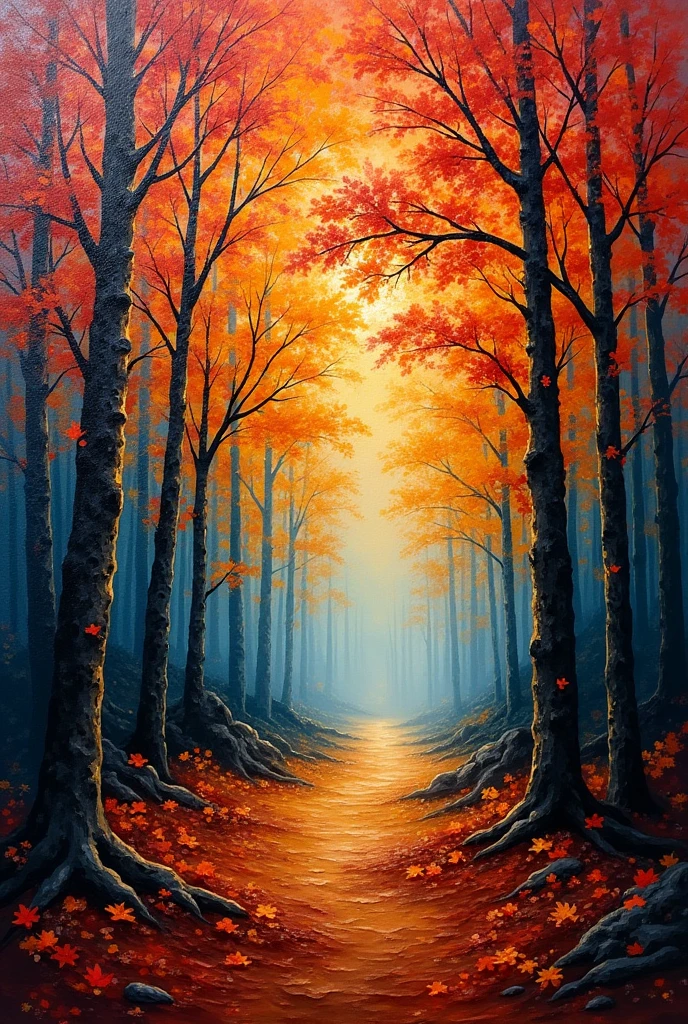 a thick textured oil painting, impasto brushstrokes, dry brushing, paletteknife oil painted harmonic colors, modern impasto style, abstract art, scenery, nature, tree, autumn, forest, vibrant colors, deep shadows, warm lighting, atmospheric, moody, dramatic, intricate details, dynamic composition, expressive brushwork, textural paint surface, (best quality,4k,8k,highres,masterpiece:1.2),ultra-detailed,(realistic,photorealistic,photo-realistic:1.37)