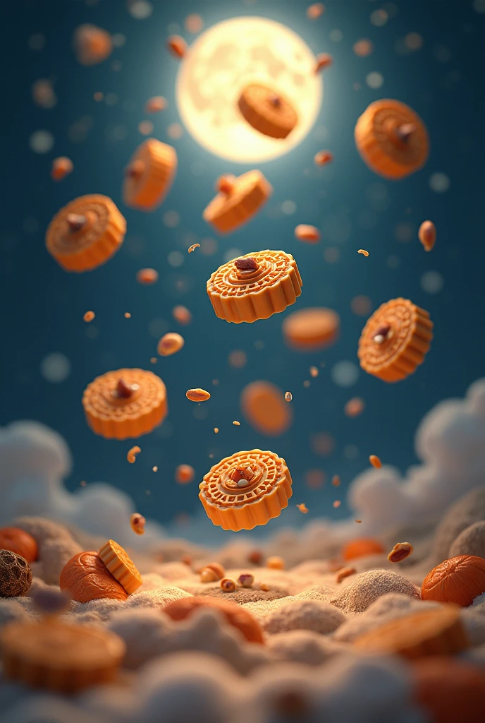 Five-nut mooncakes falling from the sky，moon