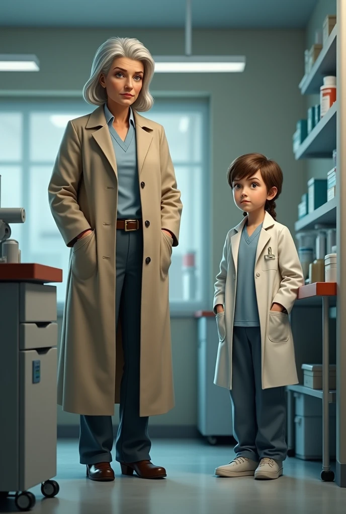 50 year Old Doktor Woman in beige Trenchcoat with her Assistentin  