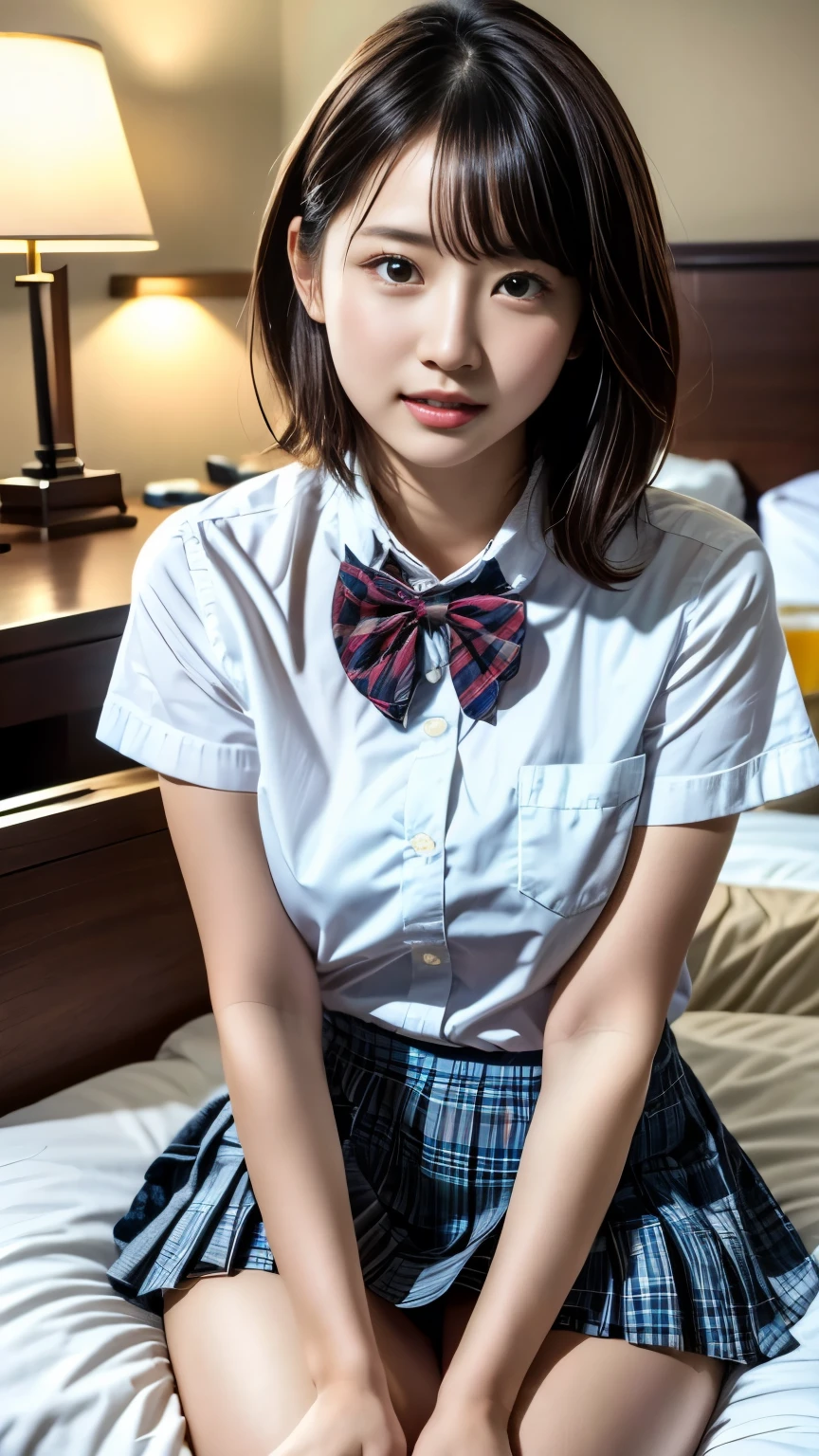 (masterpiece, best quality:1.2), (realistic,photo-realistic:1.4), RAW photo, highres, extremely detailed, intricate details, upper body, from below), solo, 1girl, a 19 years old Korean female, (white shirt, short sleeves, bowtie, plaid miniskirt, pleated skirt, bare legs, thighs, socks, loafers, school uniform:1.2), dark hair, short bob hair, cute face, detailed face, detailed eyes, sophisticated nose, fine-textured skin, pale skin, (motel room:1.5), (beer:1.3)
