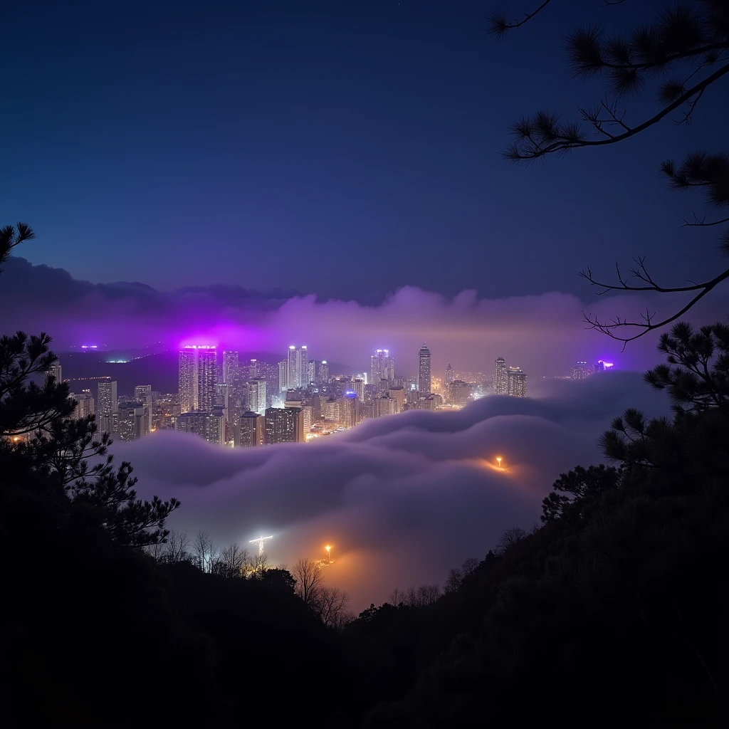 The illuminated cityscape seen from above, Fog and clouds, At night, View from the top of the mountain ( with tree branches), Purple lights in the background.