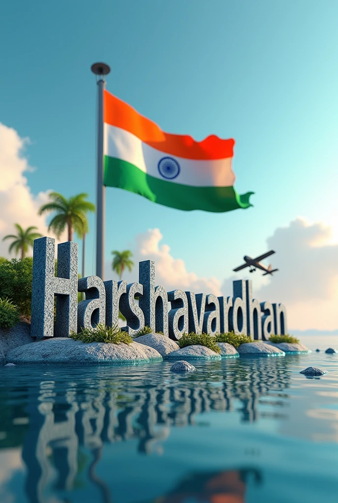 Name “Harshavardhan” clearly written real 3D sea Island background with big Indian flag , stone text capital big aroplane, stone peal. stylish in front 3D rendering, typography, 3d render, poster, fashion