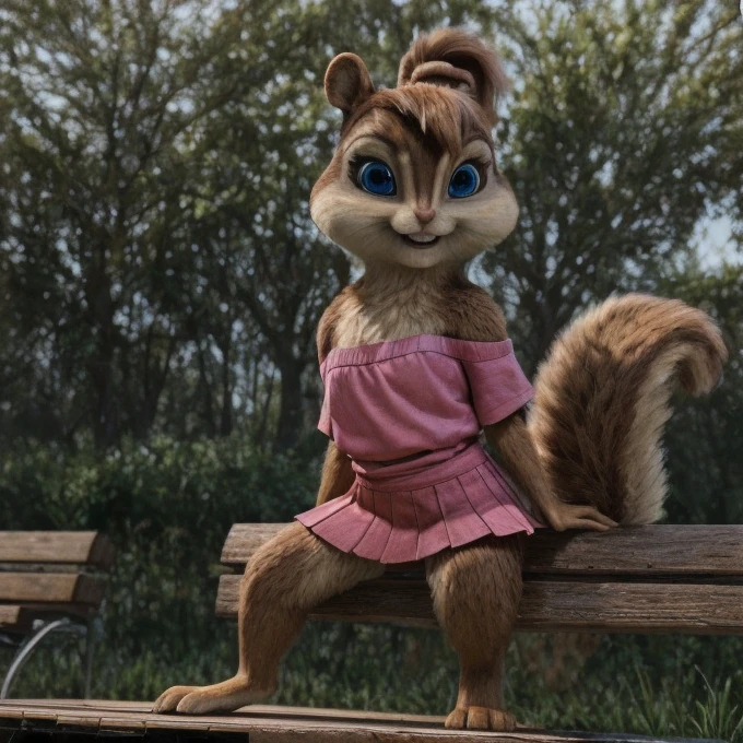 3d render, unreal engine, 4k, 8k, perfect eyes, Brittany Miller, chipmunk, Squirrel, full body, female, ponytail hairstyle, smiling, pretty, cute, adorable, (photorealism:1.2), blue eyes, pupil, white sclera, park, sitting on bench, detalied fur, solo, solo focus, perfect anatomy, detalied background, neck tuft, slim body, pink top, pink, pink skirt, spread legs, by pixelsketcher, perfect eyes, Long hair, anthro, young, presenting arms