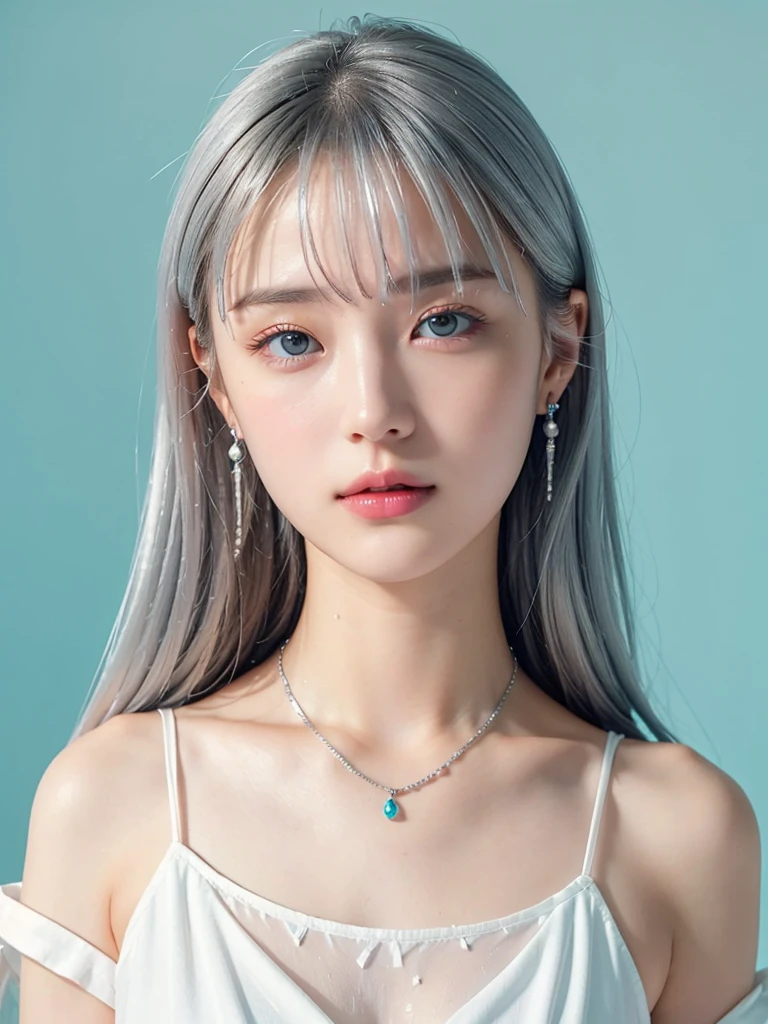 (masterpiece, Highest quality:1.2), 8k, 85mm, RAW Photos, Confused, White and Cyan Theme, (Liquid clothing, Liquid Dress:1.4), Gray Hair, Gradient Dress, Delicate girl, Upper Body, Close your face, Glowing Skin, Teen, Looking at the audience, High resolution, Sharp focus, particle, Twilight Sky, Glowing Skin, Small eyes and face, Colorful background, Simple Background、Earrings、necklace、clavicle、Straight and long、Straight perm、Silver Hair、